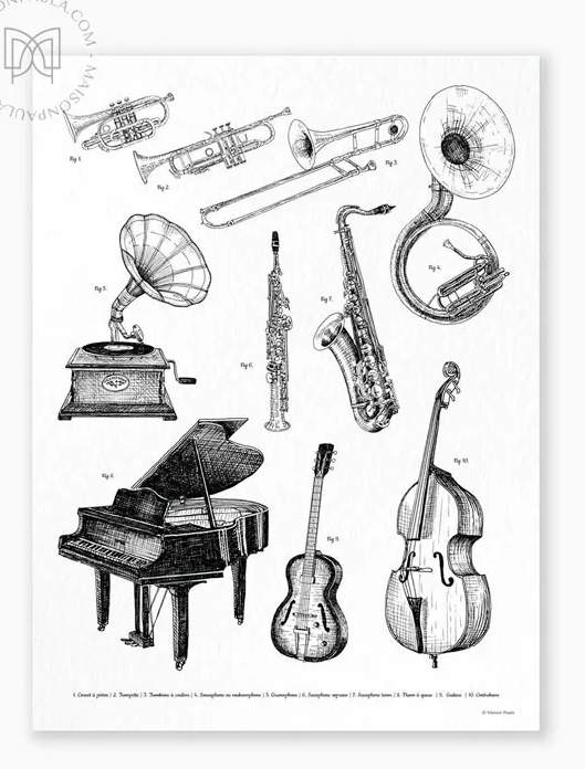 Affiche A3 dessin Les instruments de musique