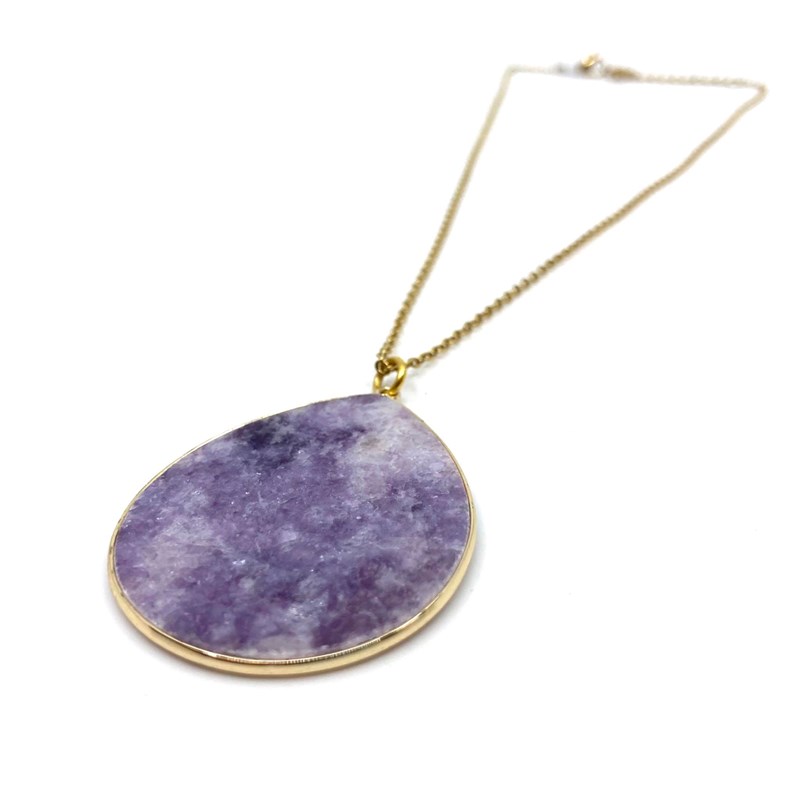 Collier grande  pierre plate mauve