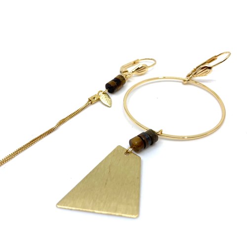 Boucles d'oreilles asymétriques - anneau chaîne et oeil de tigre-