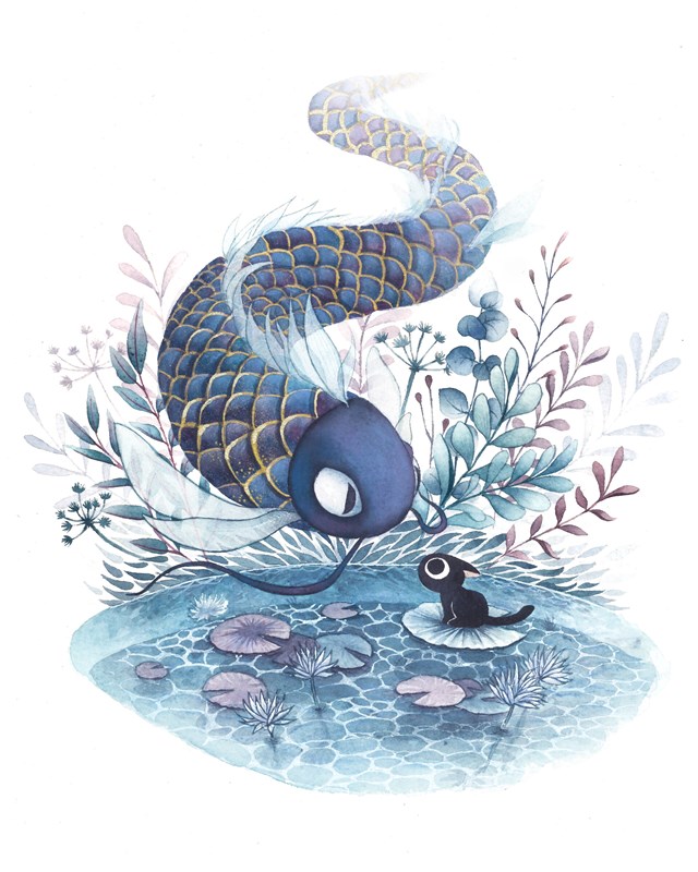 Illustration "Meeting a flying fish" 13 X 18cm