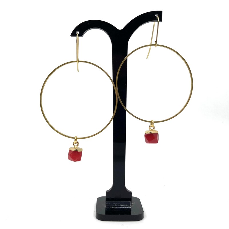 Boucles d'oreilles longues anneaux et pierre rouge