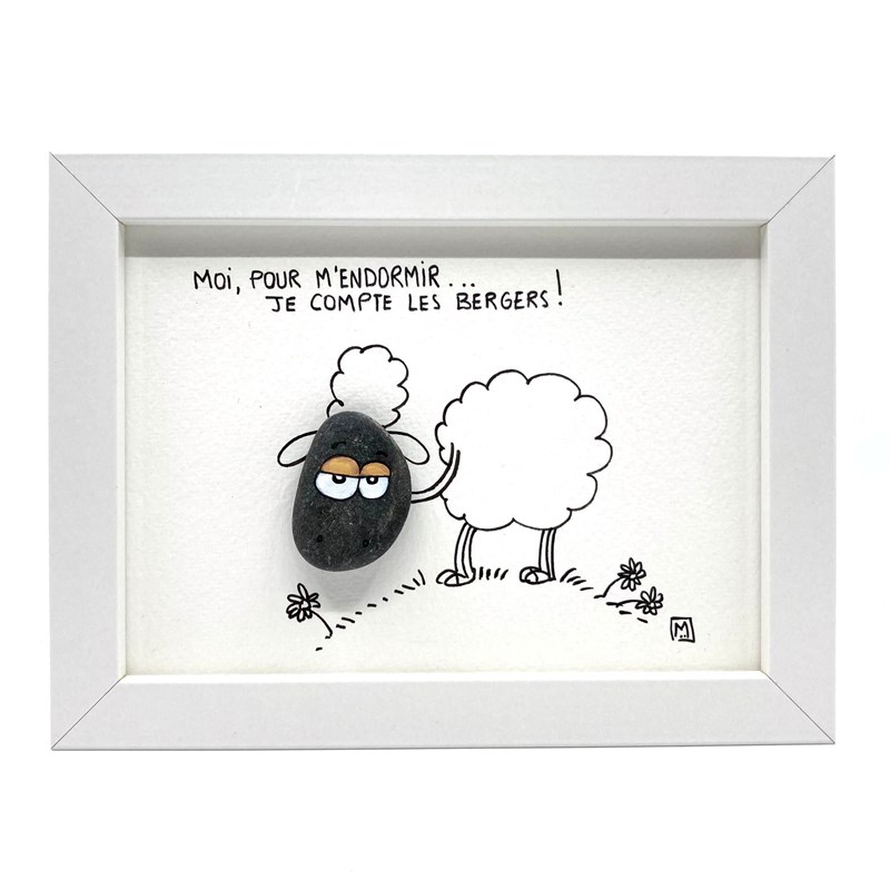 Cadre galet "Je compte les bergers!" blanc