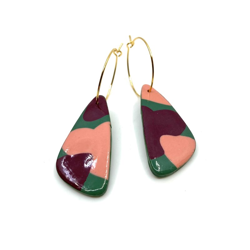 Créoles pièce allongée vert kaki  saumon- corail