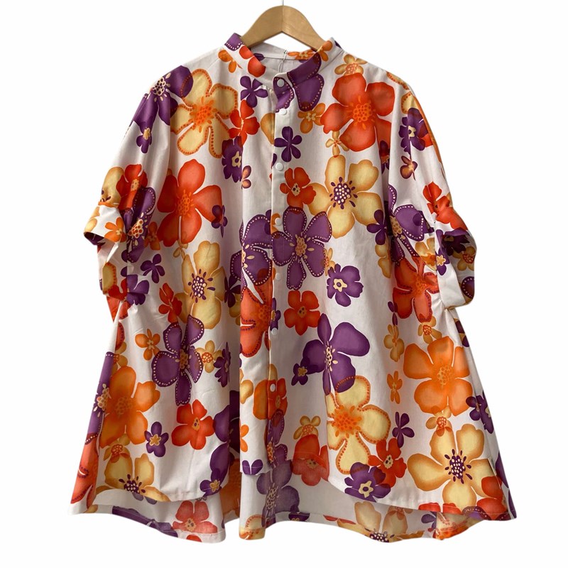 Blouse col Mao lignée fleurs orange et mauve