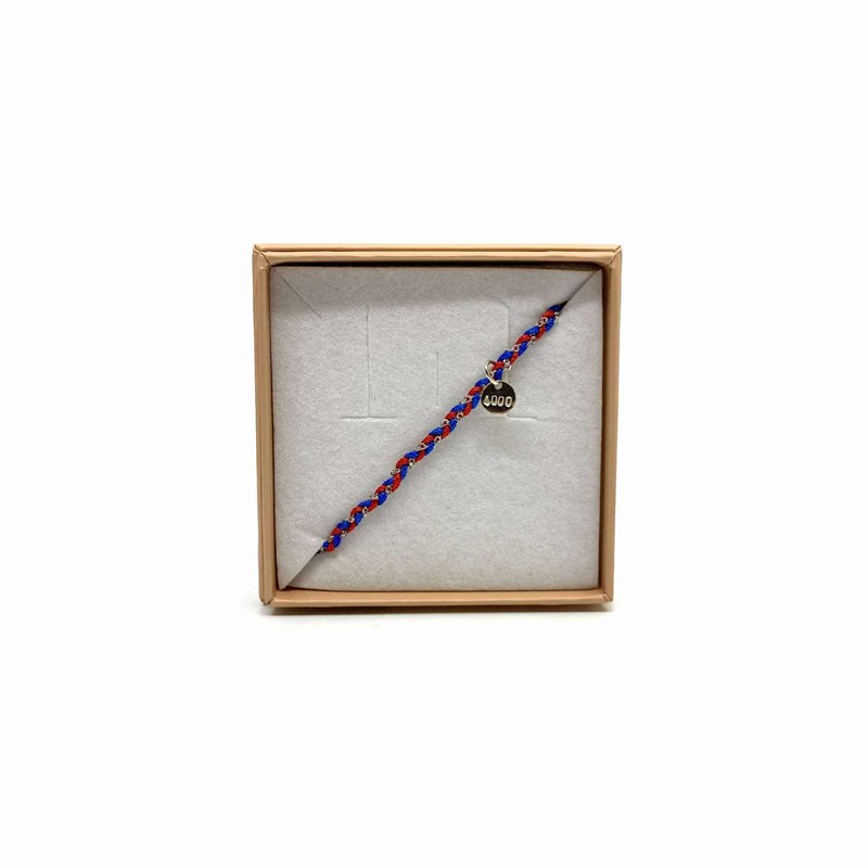 Bracelet tressé argent, fil nylon rouge et bleu