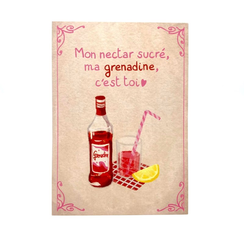 carte postale "Mon nectar sucré, ma grenadine, c'est toi" + enveloppe