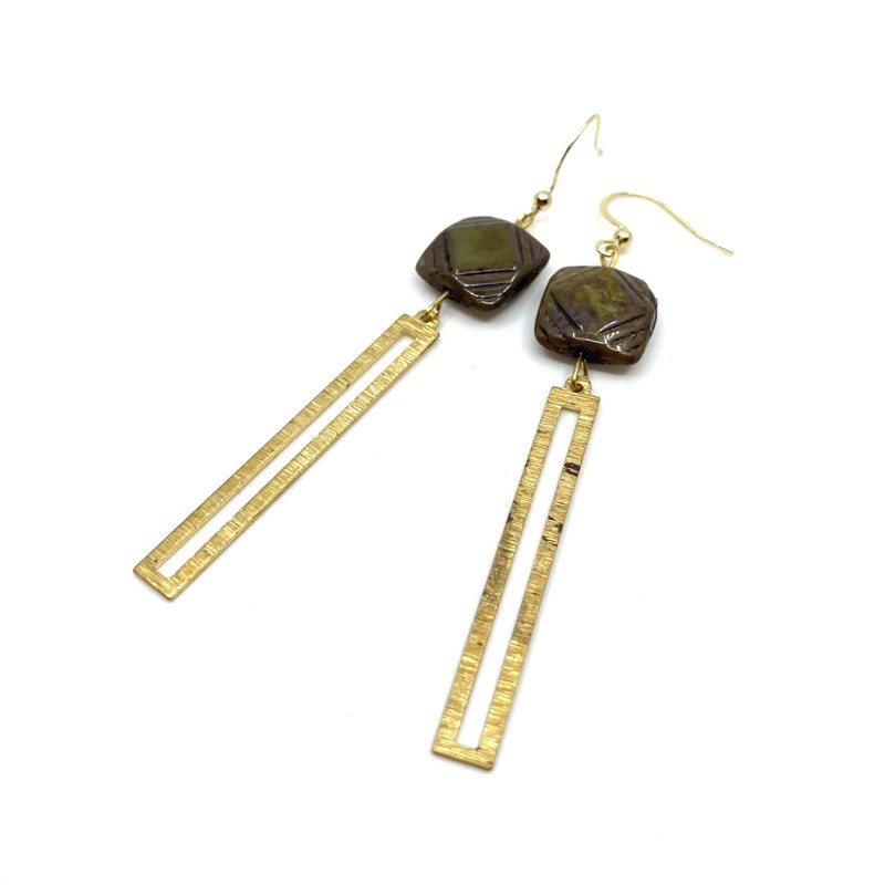 Boucles d'oreilles  rectangle et pierre verte