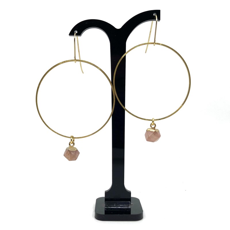 Boucles d'oreilles longues anneaux et pierre rose