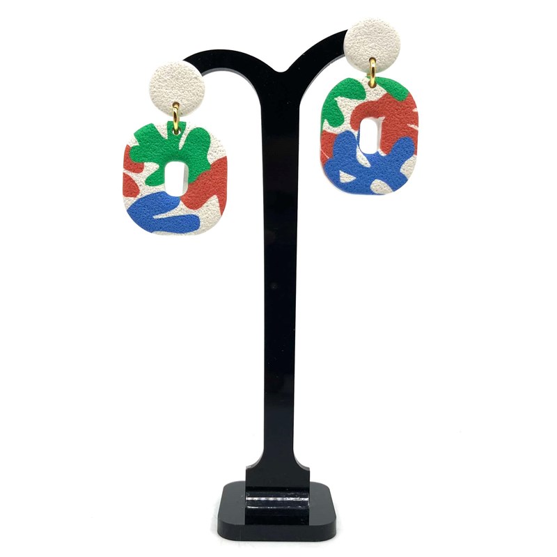 Boucles d'oreilles blanc cassé motif feuiles vert bleu