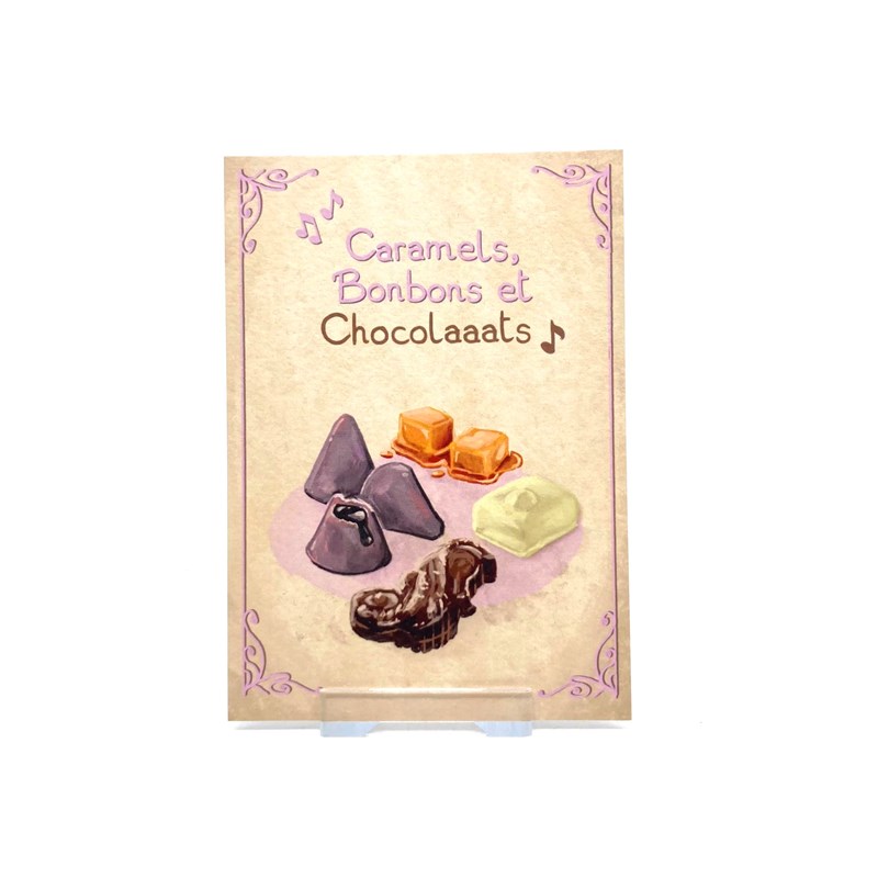 carte postale "Caramels, bonbons et chocolaats" + envel.